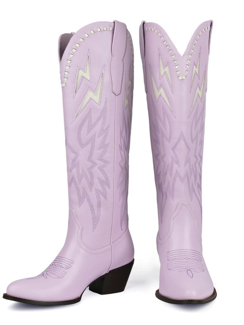 Cowboy Boots for Women Knee High Cowgirl Boots Pull On Lightning Embroidered
